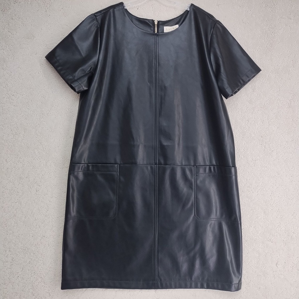 Laura Dress Womens 14 Black Faux Leather Shift Short Sleeve Back Zip Pockets New